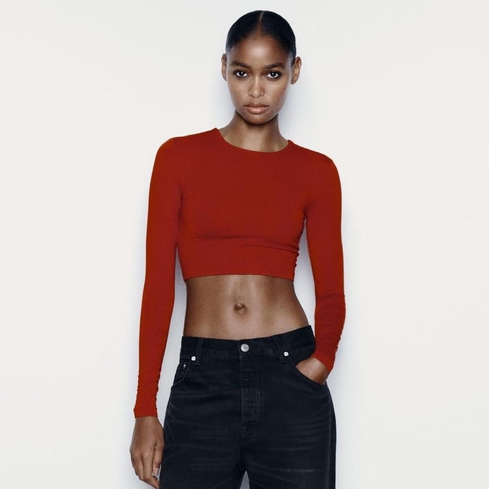 Zara Red Long Sleeve Crop Top Slim Fit